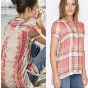 Johnny Was 3J WORKSHOP Embroidered Short Sleeve Kai Scarf Back Tunic Top SZ L